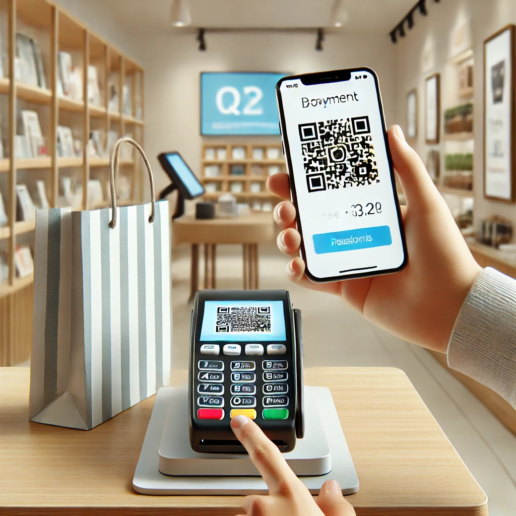 A visually engaging scene showing a person making a payment with a smartphone by scanning a QR code displayed on a digital screen at a checkout counte