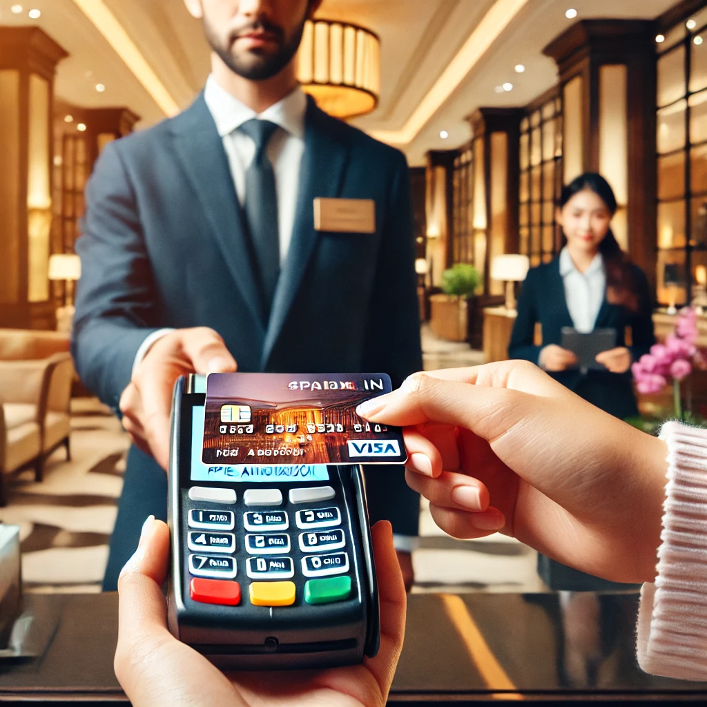 A hotel reception scene where a guest is checking in using a prepaid card. The receptionist in a professional uniform is processing the transaction