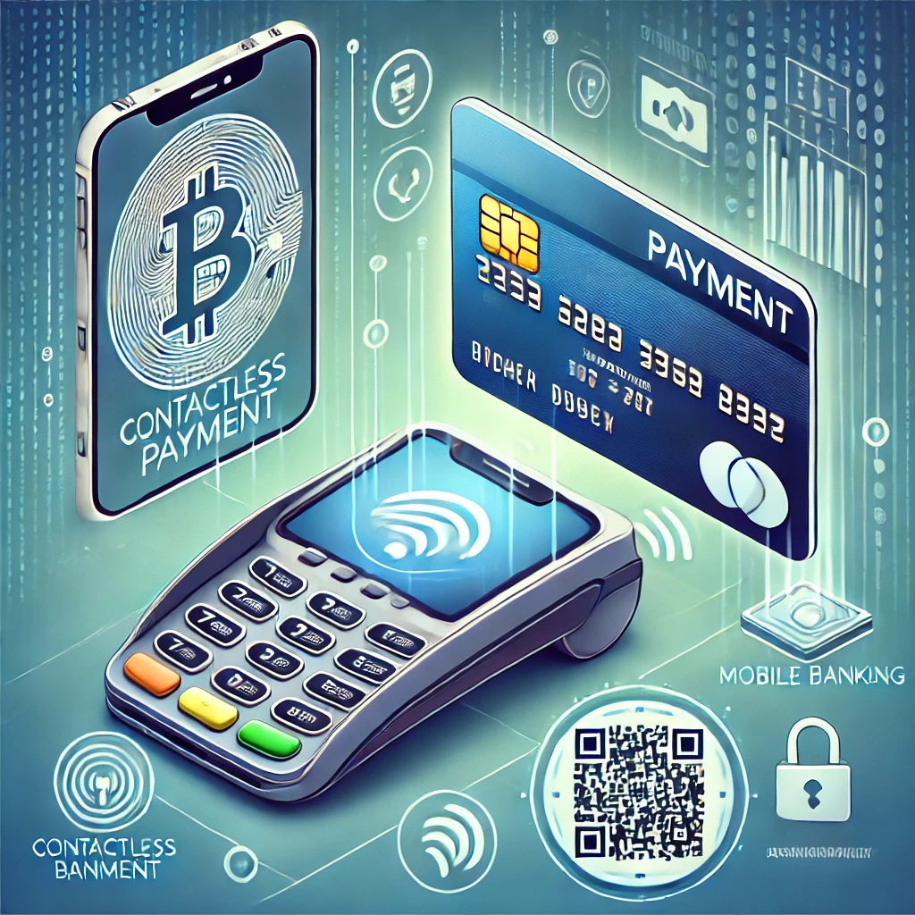 modern digital payment concept illustration. The image features a smartphone displaying a contactless payment app a credit card with an NFC chip a