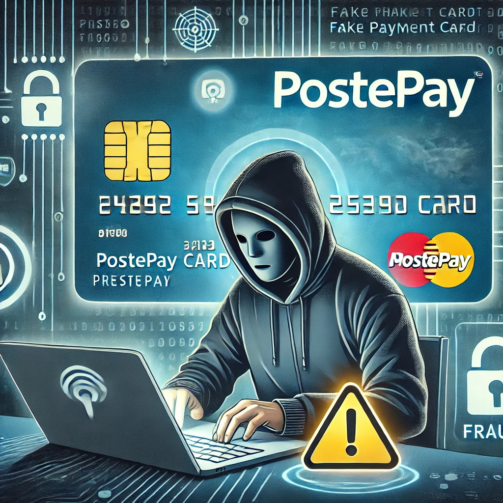 A digital illustration depicting an online scam involving a Postepay prepaid card. The image shows a hooded cybercriminal behind a laptop with phishi