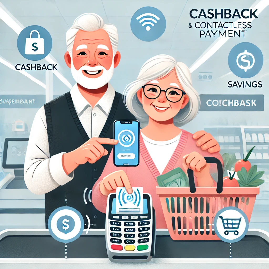 A digital illustration showing a cheerful elderly couple making a digital payment at a supermarket checkout. The man is using his smartphone while th