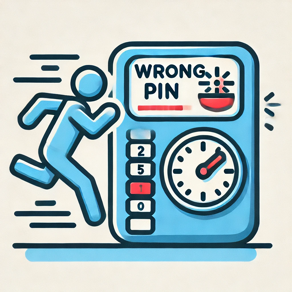 An icon illustrating the concept of a fast and frustrating ATM experience. A person hastily typing a PIN at an ATM with a visible wrong PIN message